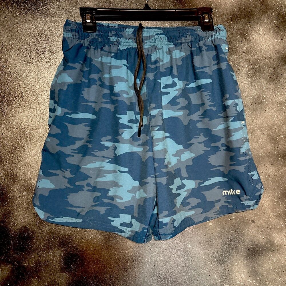 Mitre Men's Blue Camo Shorts Medium Regular Fit Elastic Waist Lightweight 7”